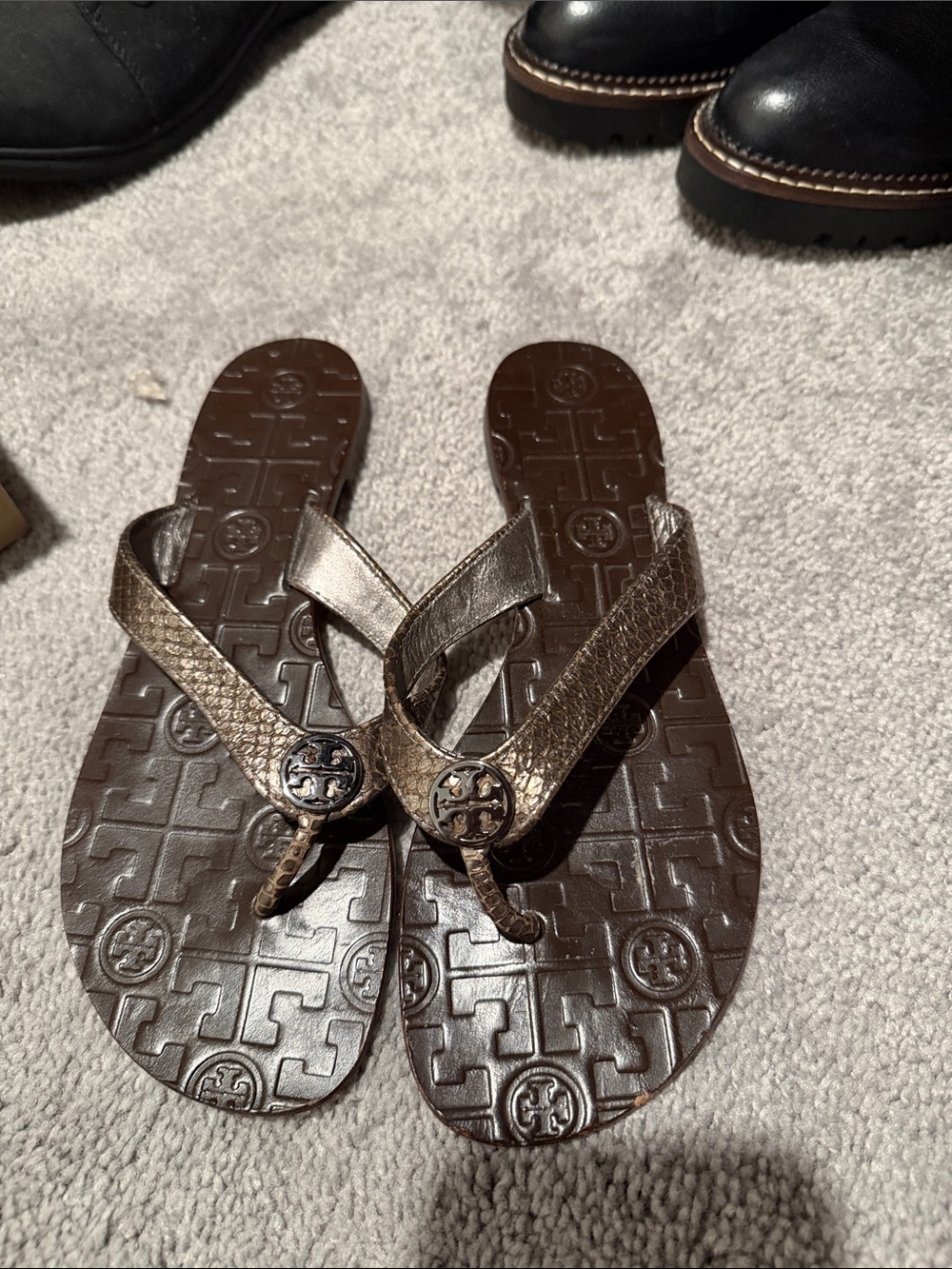 Tory Burch Bronze Metallic Logo Thong Sandals